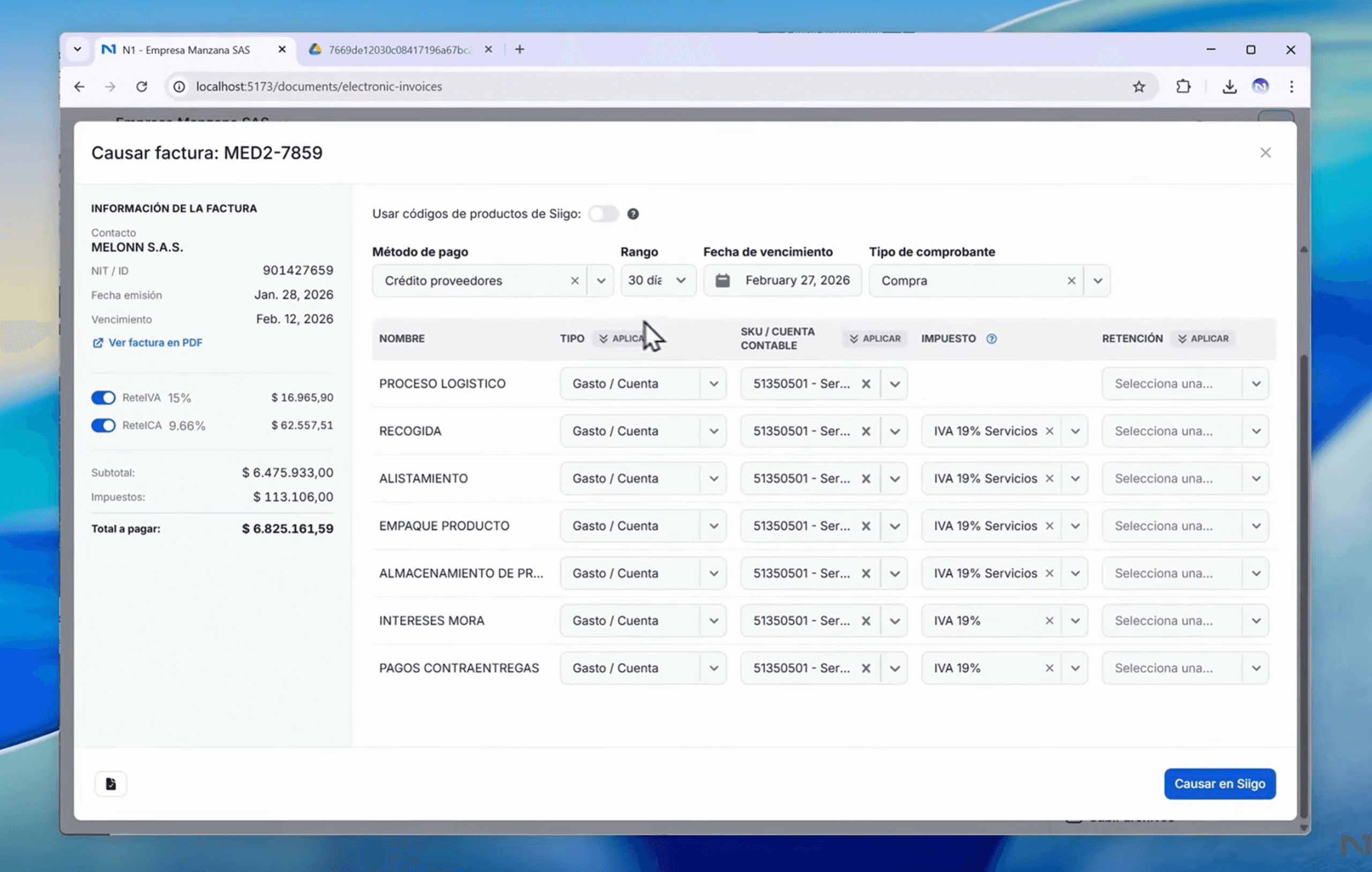 Causar facturas en Siigo desde N1